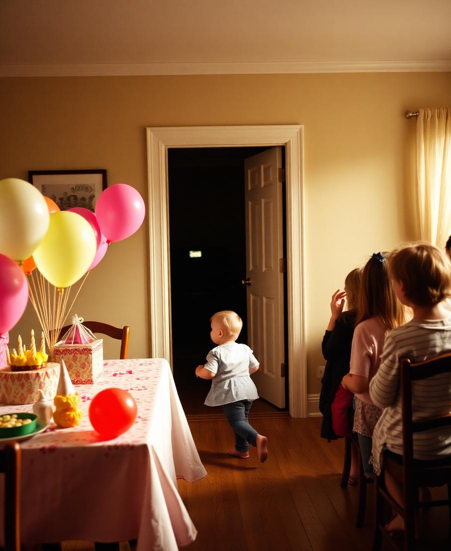 A child stepping away from a birthday party into a quieter room