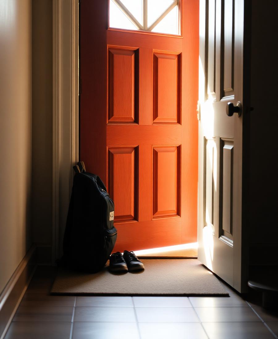 A small backpack and shoes waiting by a front door in morning light