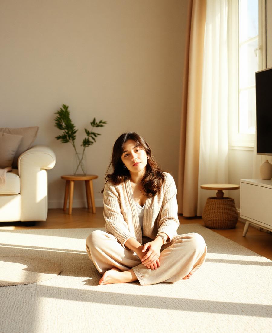 A parent sitting calmly on a living room floor
